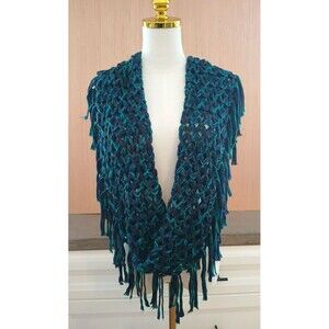 Mudd Women's Crochet Shawl Scarf Wrap with Fringes Blue Shimmer Glitter